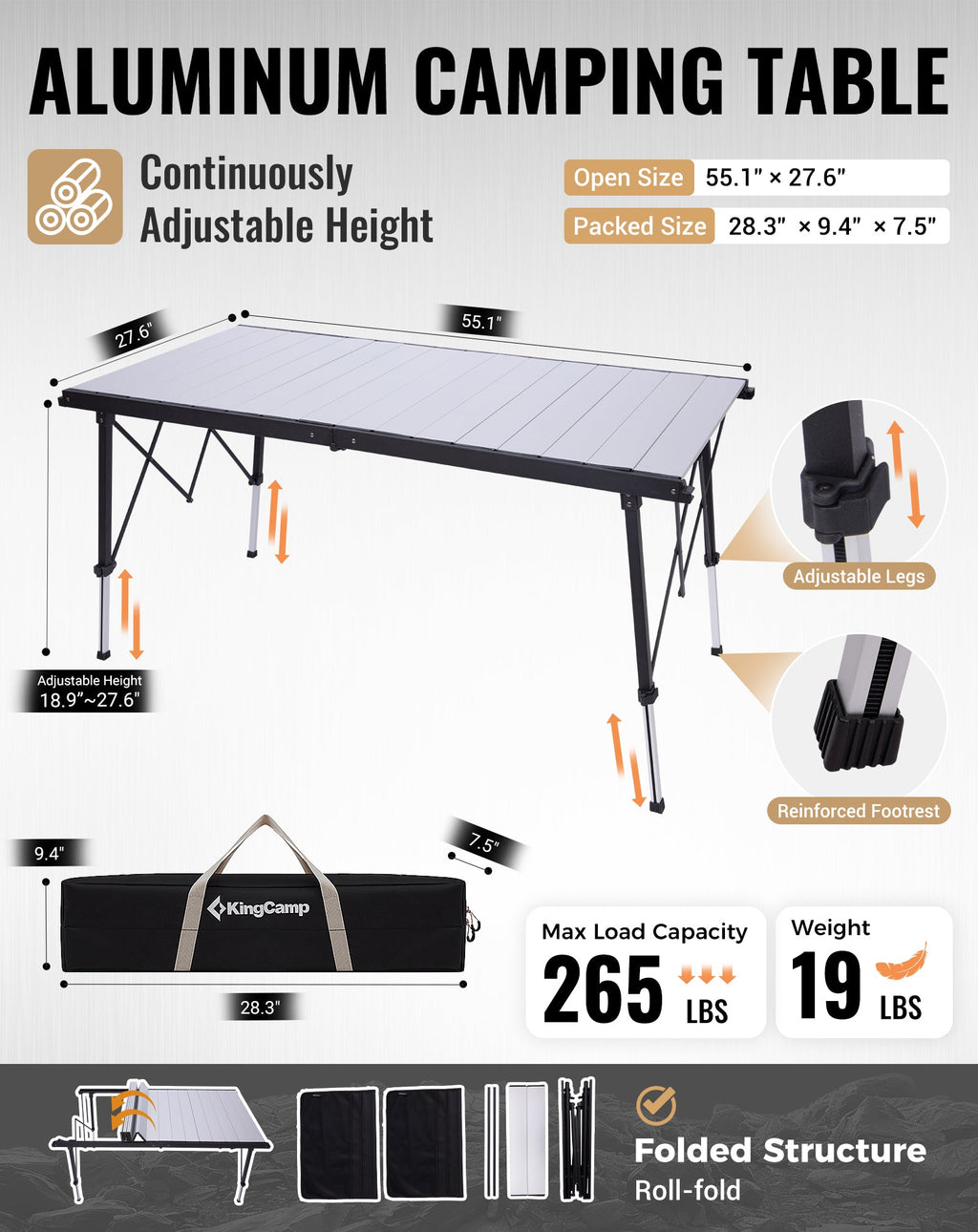 KingCamp GRANITE Adjustable Aluminum Table with Carrying Bag 55x27
