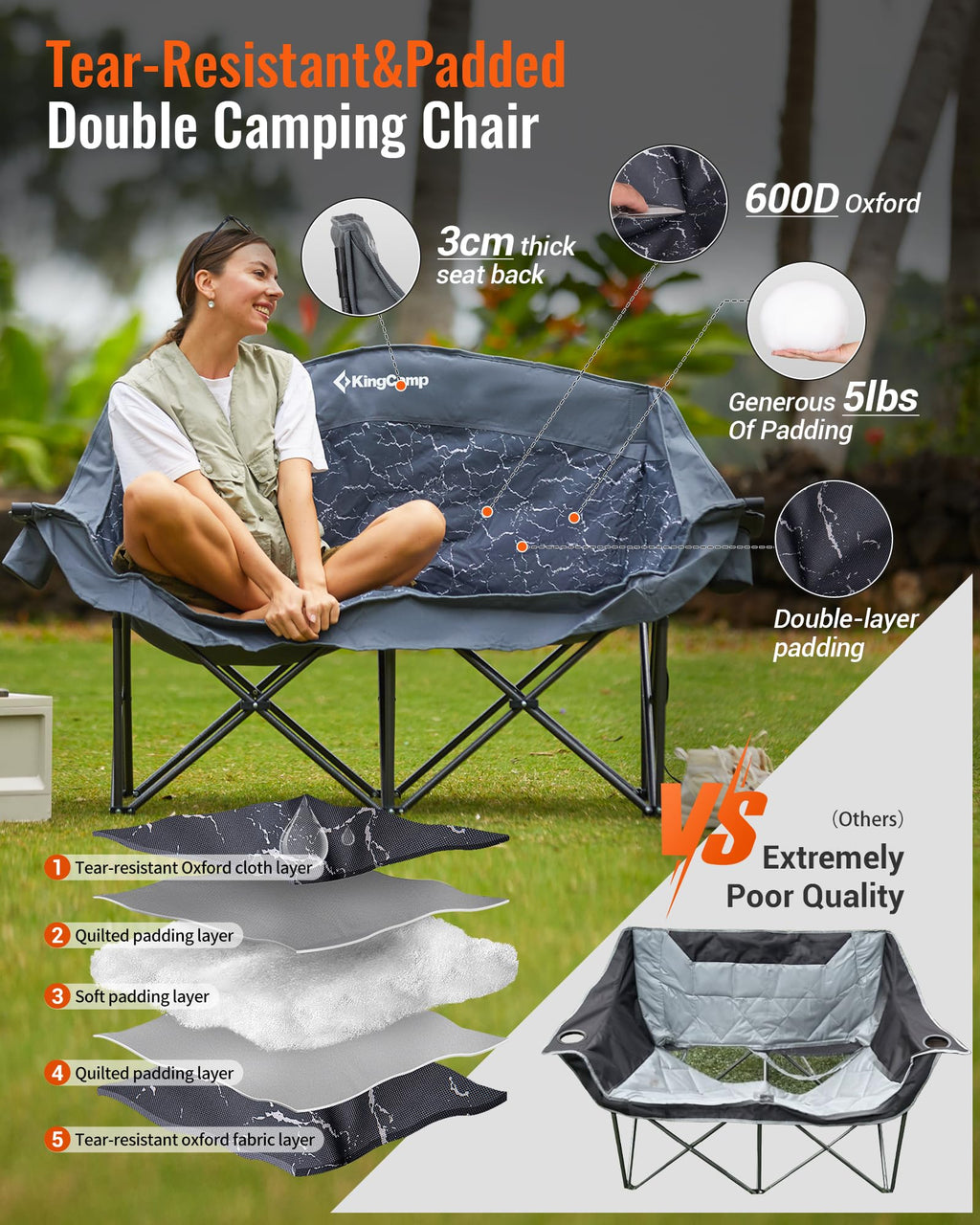 KingCamp VOLCAPETRA Oversized Padded Double Camping Sofa