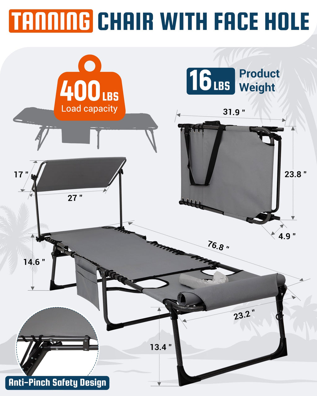 KingCamp MAGNOLIA B30 Backpack Chaise Lounge with Adjustable Canopy and Face Hole