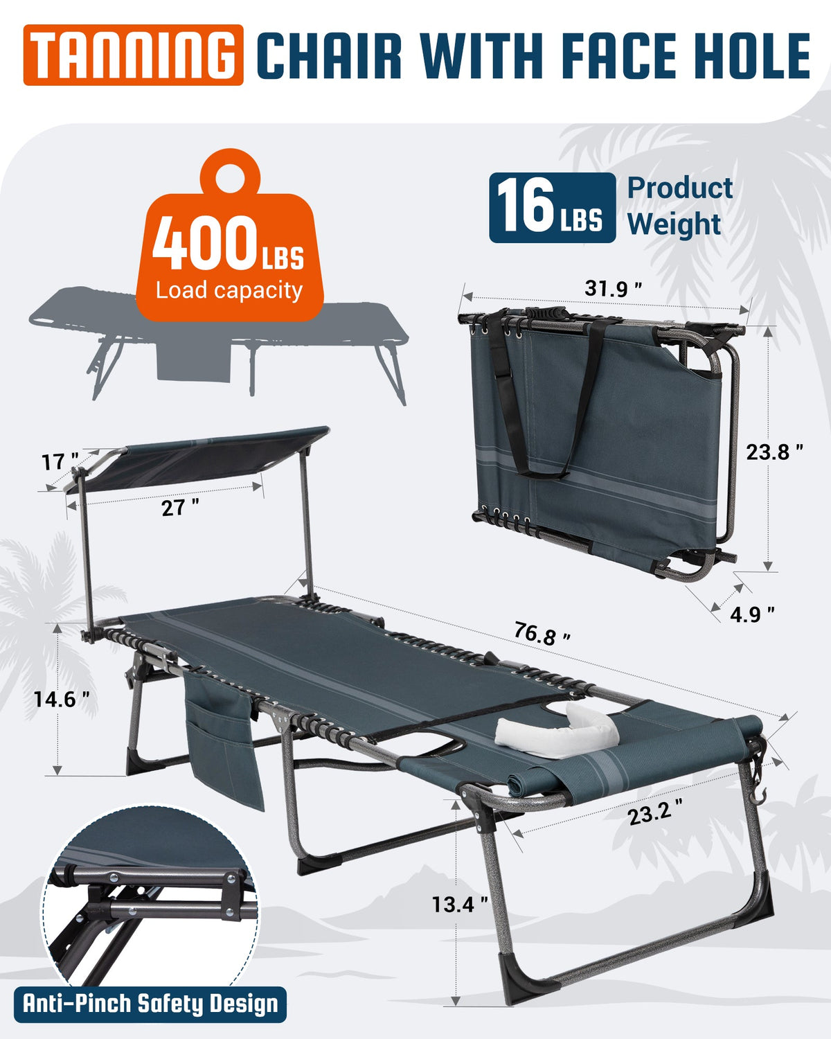 KingCamp MAGNOLIA B30 Backpack Chaise Lounge with Adjustable Canopy and Face Hole