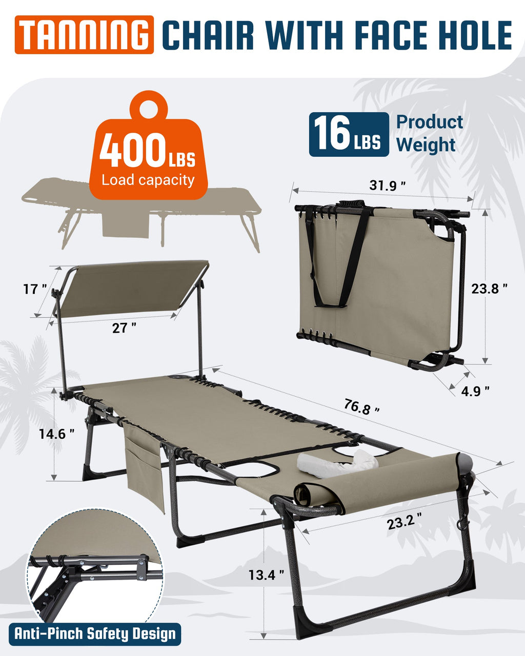 KingCamp MAGNOLIA B30 Backpack Chaise Lounge with Adjustable Canopy and Face Hole