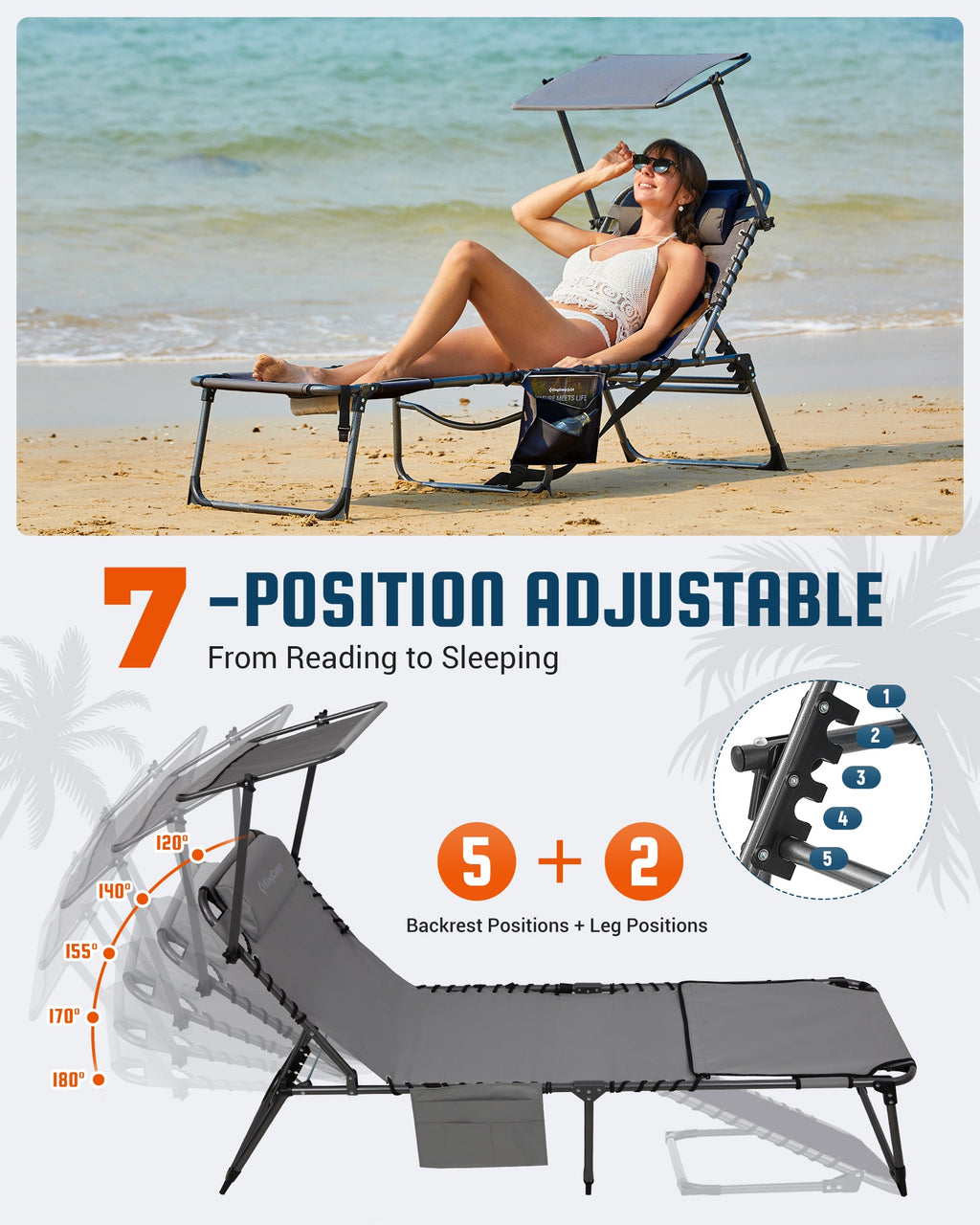 KingCamp MAGNOLIA B30 Backpack Chaise Lounge with Adjustable Canopy and Face Hole