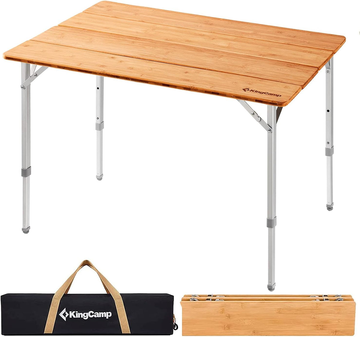 KingCamp Bamboo Folding Adjustable Height Camping Table 39x26
