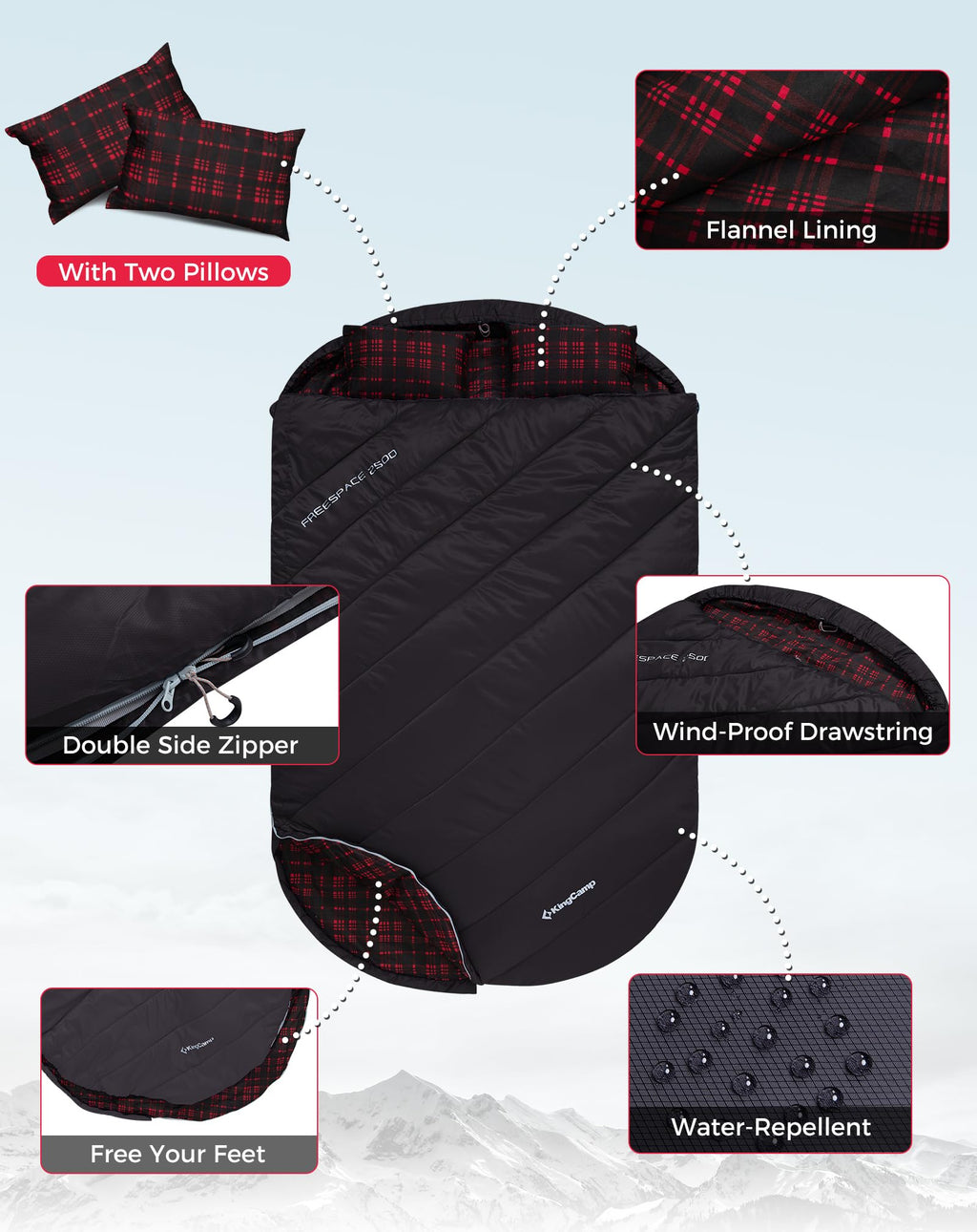 KingCamp FREESPACE 250D Flannel Lined Double Sleeping Bag