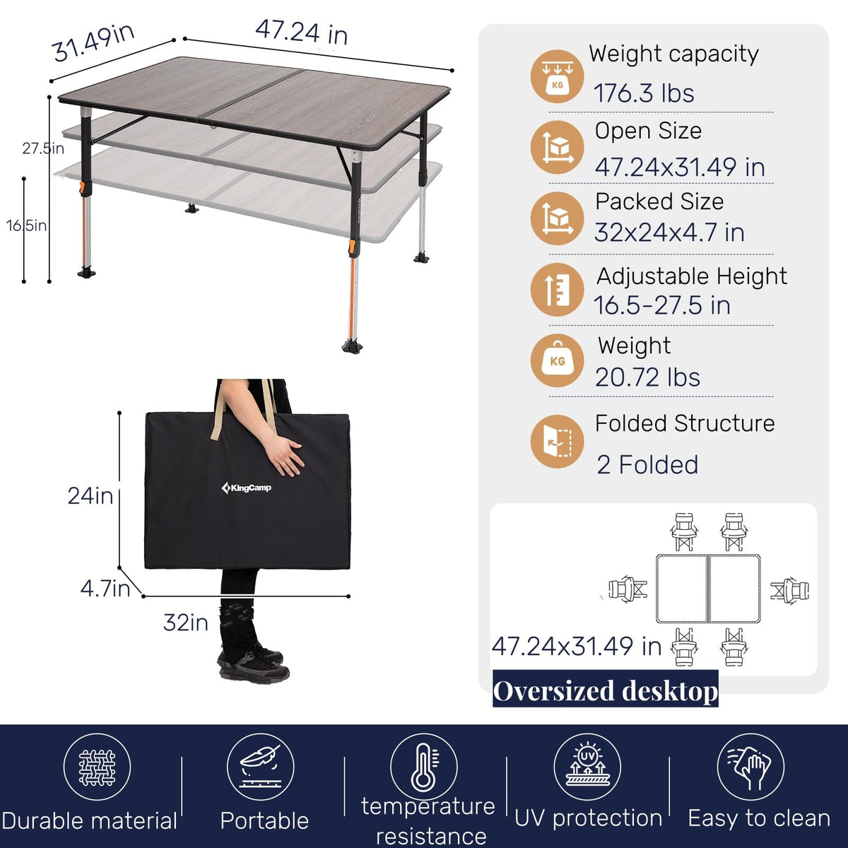 KingCamp GRANITE P12080 Folding Fiberglass Camping Table 47x31