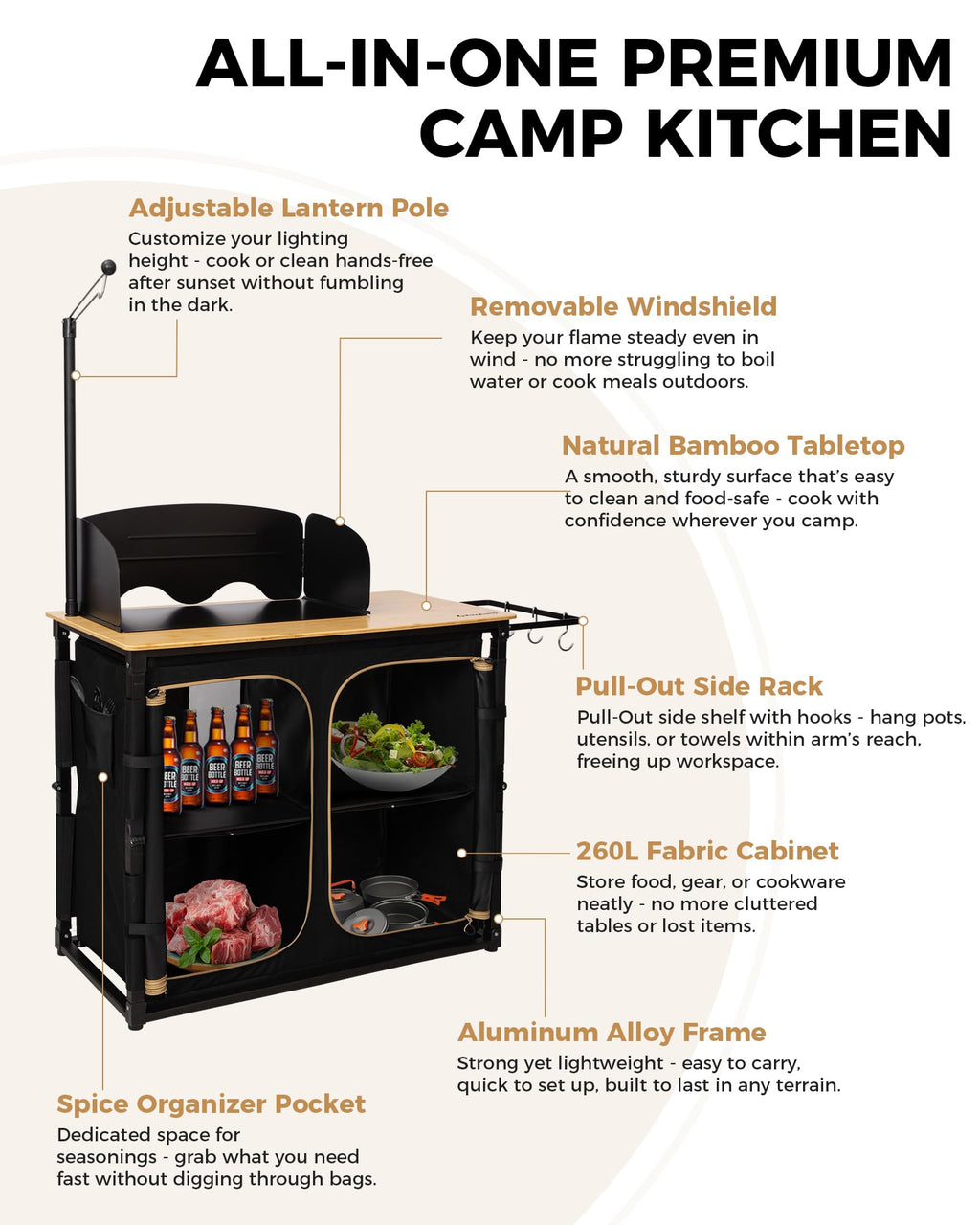 KingCamp Bamboo Camping Kitchen Table with Lantern Stand