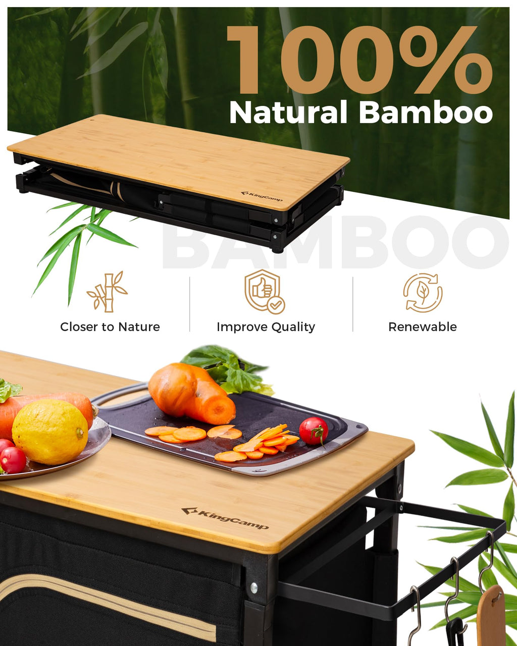 KingCamp Bamboo Camping Kitchen Table with Lantern Stand