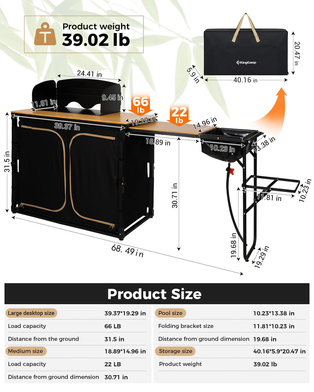 KingCamp BAMBOO PLUS Folding Camping Kitchen Table with Sink
