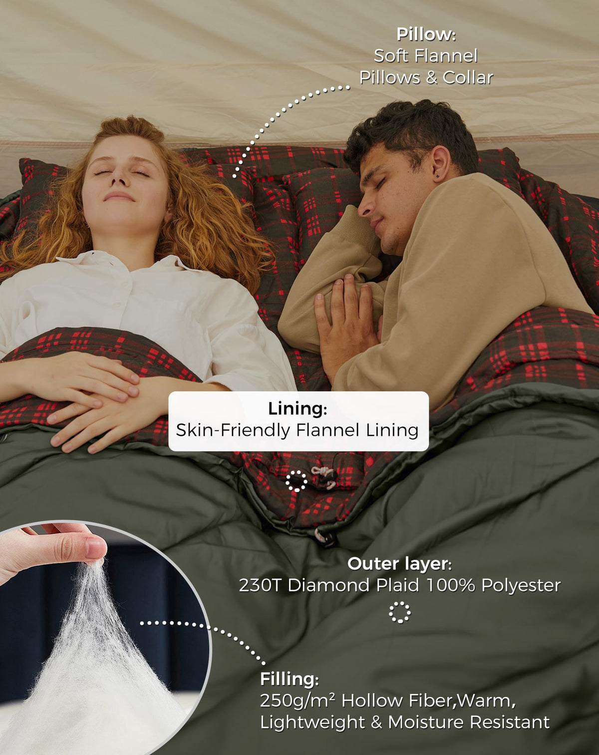 KingCamp FREESPACE 250D Flannel Lined Double Sleeping Bag