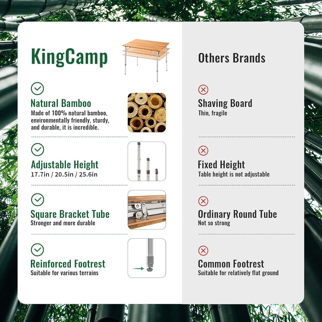 KingCamp Bamboo Folding Adjustable Height Camping Table 39x26