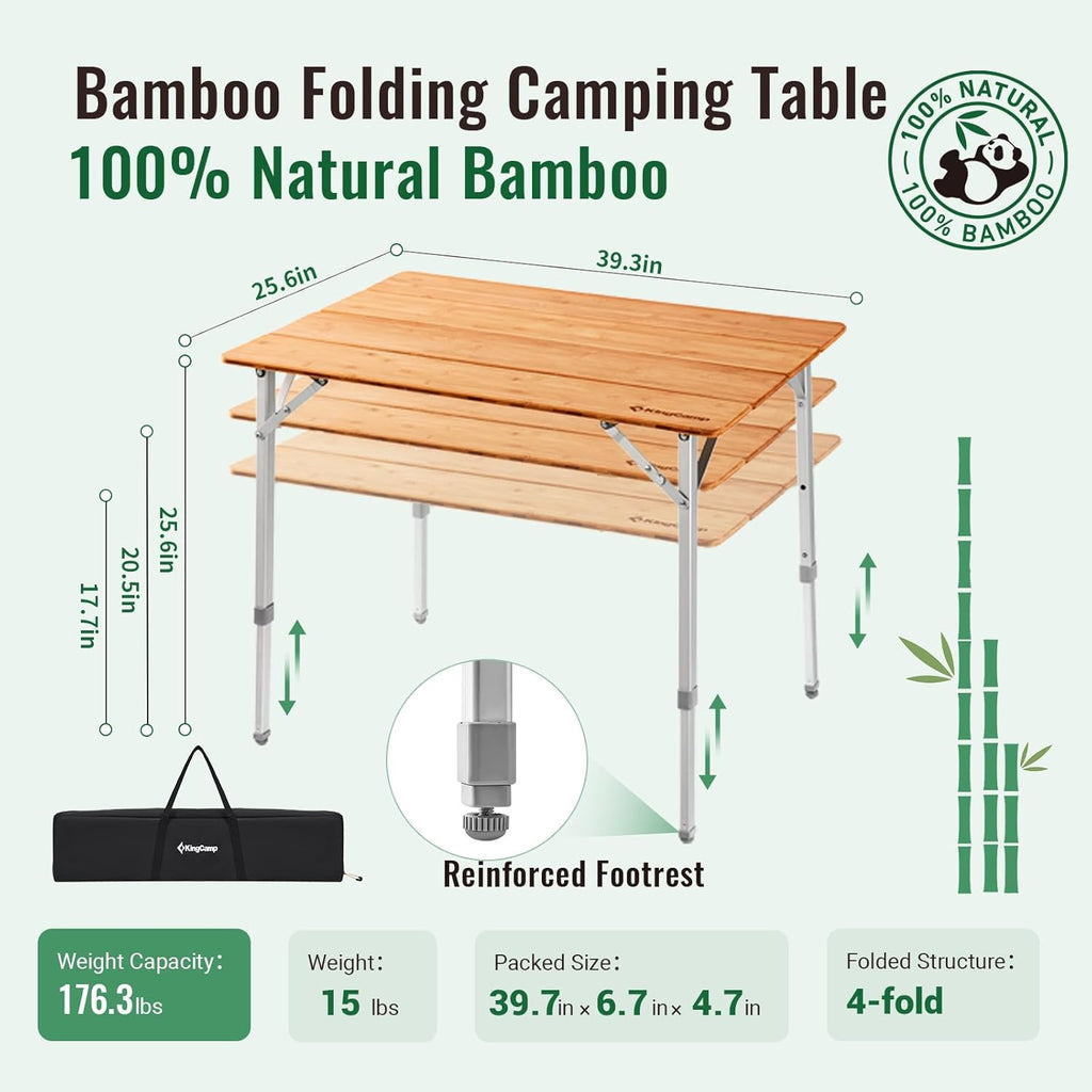 KingCamp Bamboo Folding Adjustable Height Camping Table 39x26