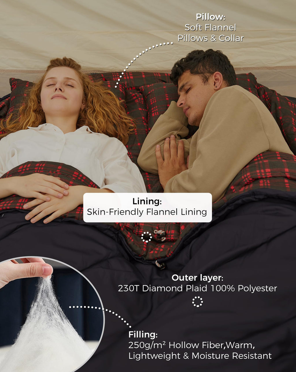 KingCamp FREESPACE 250D Flannel Lined Double Sleeping Bag