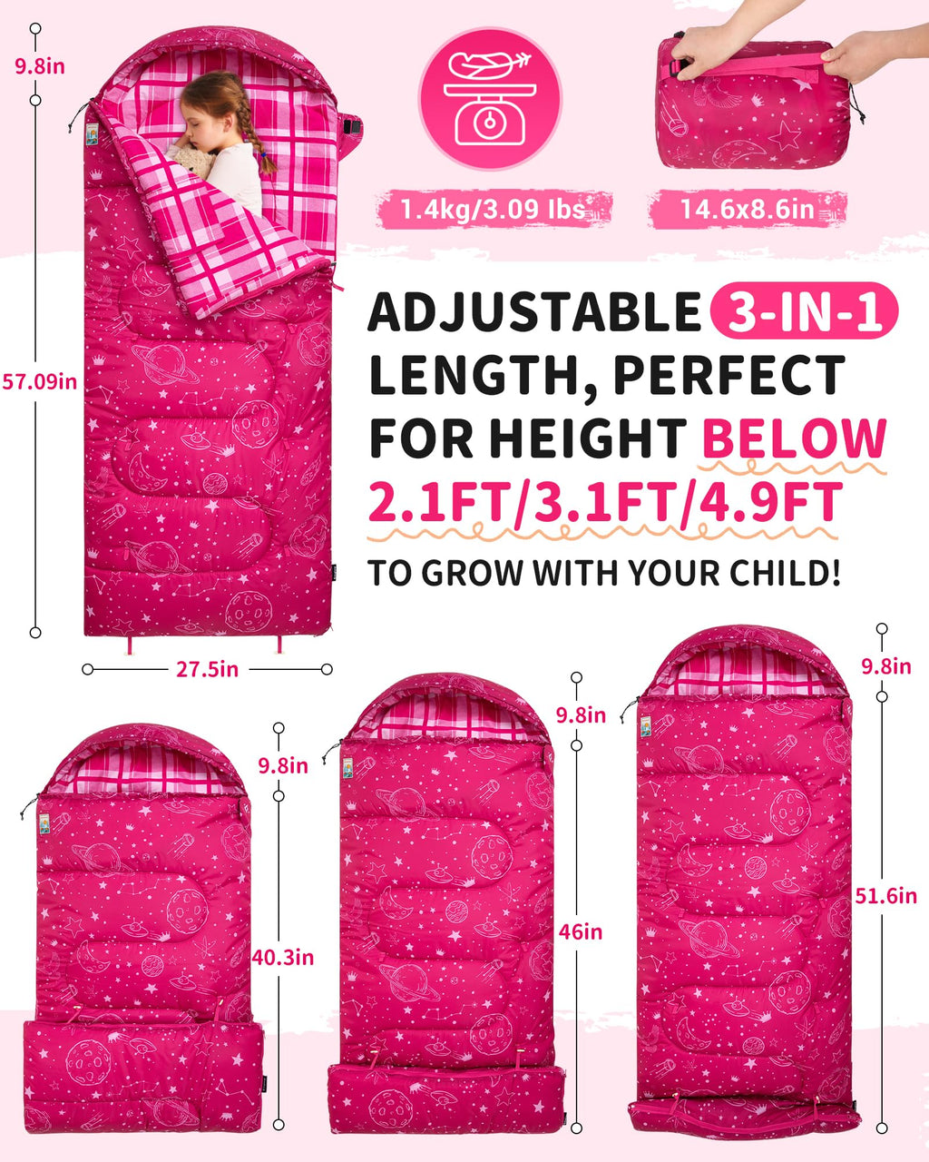 KingCamp Galaxy Zoo C 300 Kids Sleeping Bag – Adjustable Length