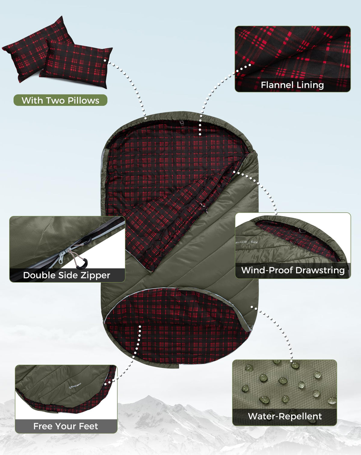 KingCamp FREESPACE 250D Flannel Lined Double Sleeping Bag