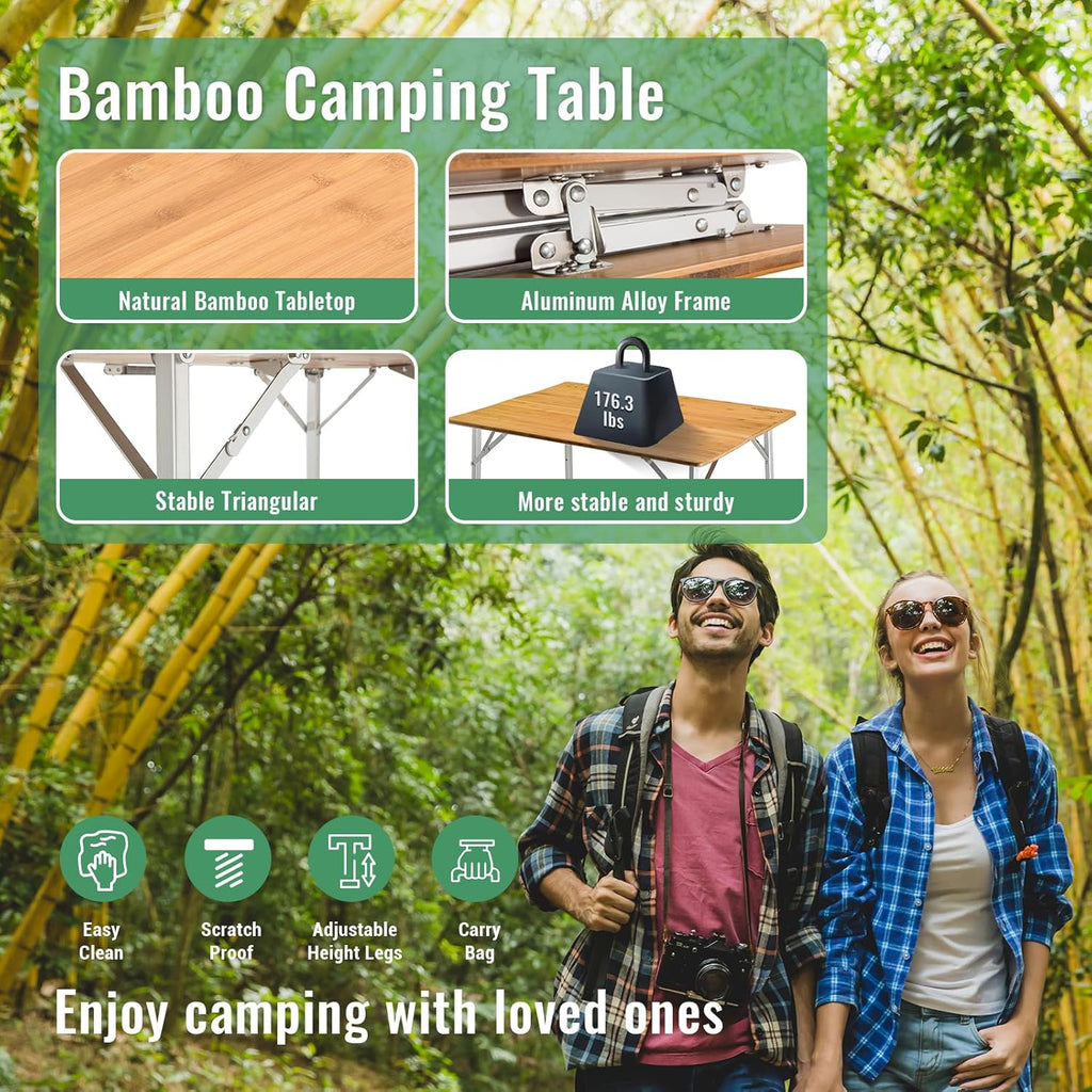 KingCamp Bamboo Folding Adjustable Height Camping Table 39x26