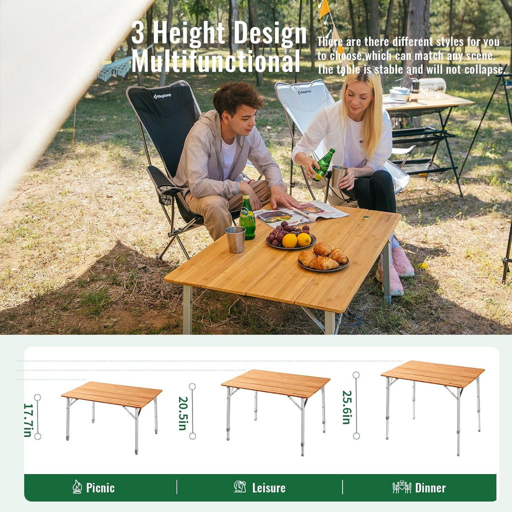 KingCamp Bamboo Folding Adjustable Height Camping Table 39x26