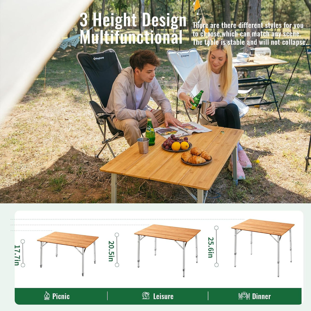 KingCamp Bamboo Folding Adjustable Height Camping Table 39x26