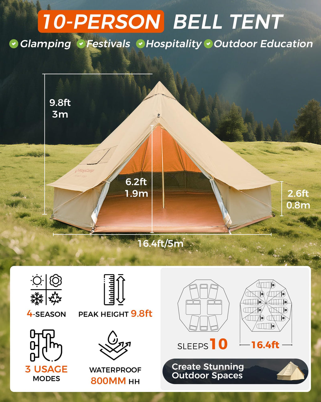 KingCamp KHAN 340GSM TC Canvas 4-Season Bell Tent