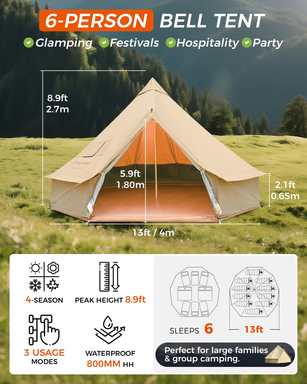 KingCamp KHAN 340GSM TC Canvas 4-Season Bell Tent