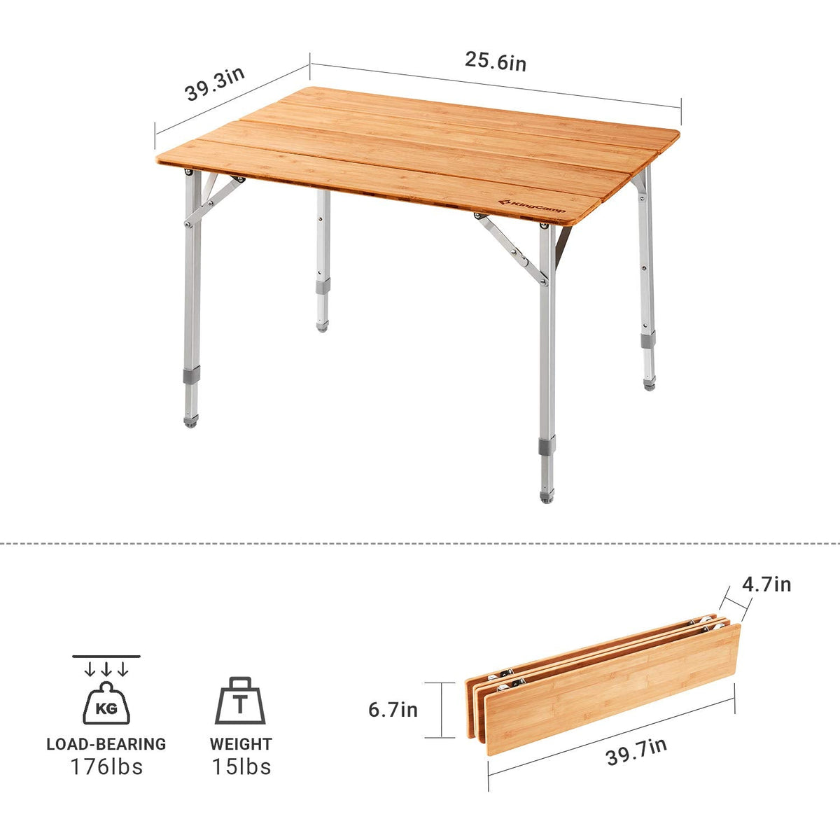 KingCamp Bamboo Folding Adjustable Height Camping Table 39x26
