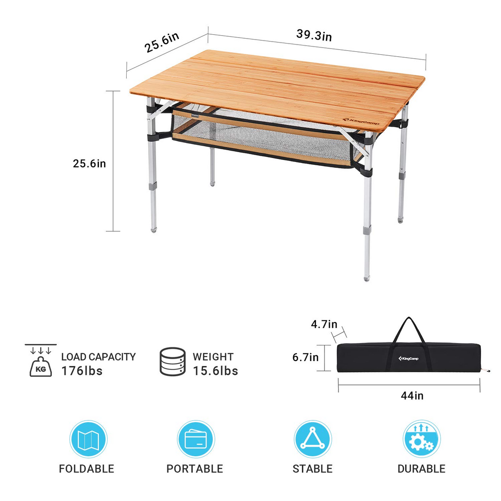 KingCamp Bamboo Folding Adjustable Height Camping Table 39x26