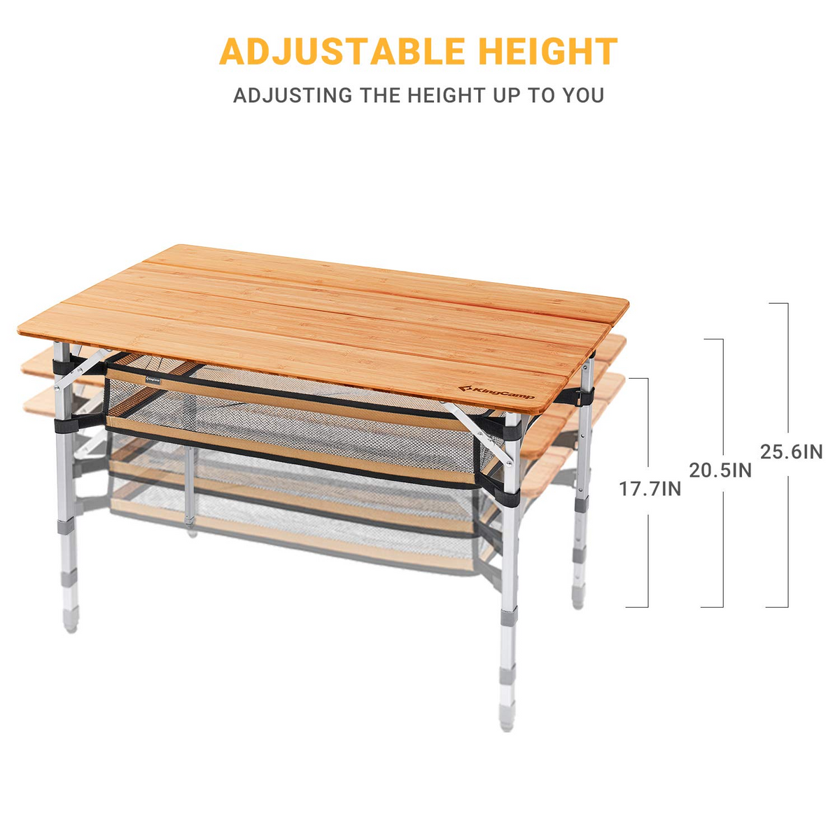 KingCamp Bamboo Folding Adjustable Height Camping Table 39x26