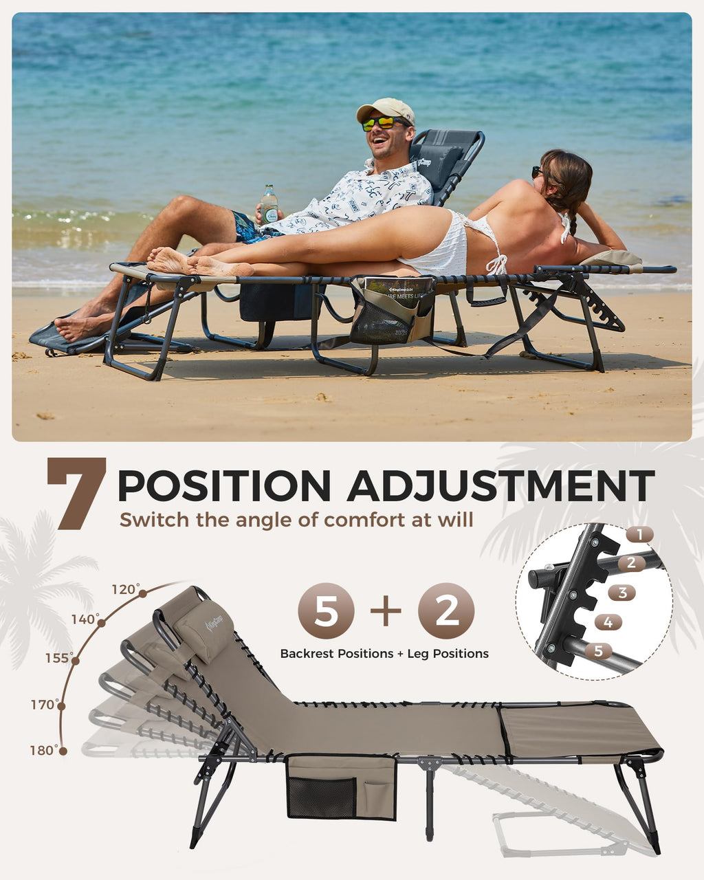 KingCamp MAGNOLIA B10 Backpack Chaise Lounge 5-Position Adjustable Recliner with Face Hole