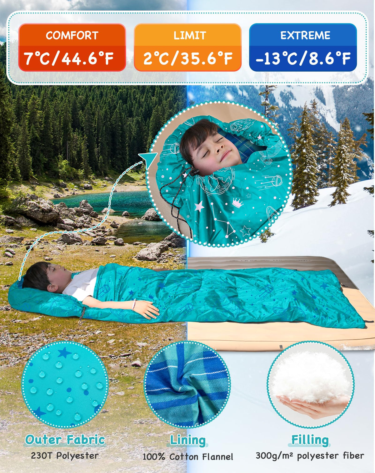 KingCamp Galaxy Zoo C 300 Kids Sleeping Bag – Adjustable Length