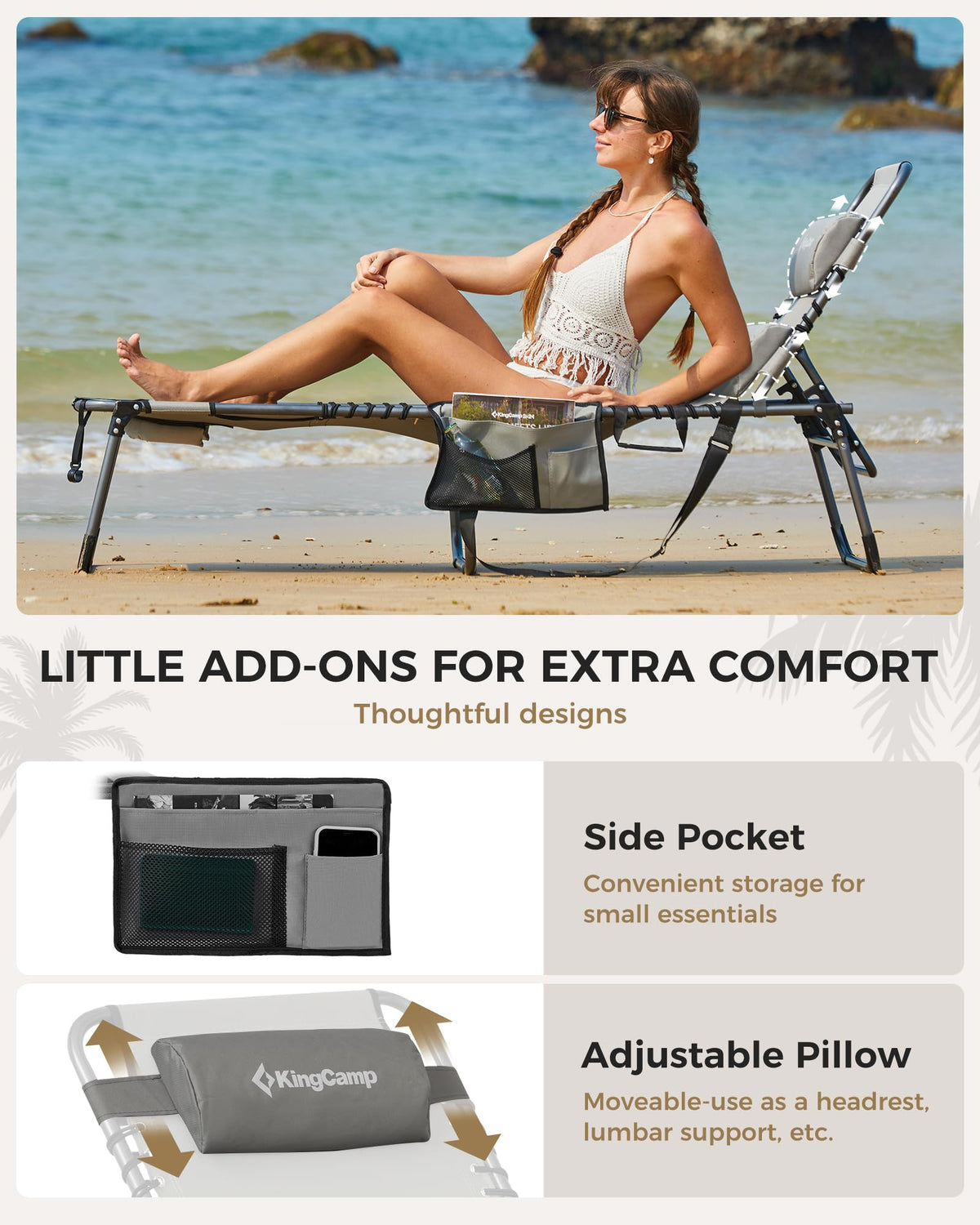 KingCamp MAGNOLIA B10 Backpack Chaise Lounge 5-Position Adjustable Recliner with Face Hole