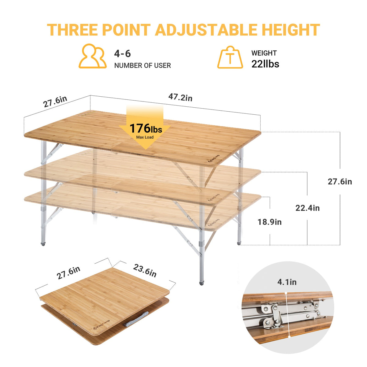 KingCamp 2-Folded 6 People Bamboo Folding Table (47x27)