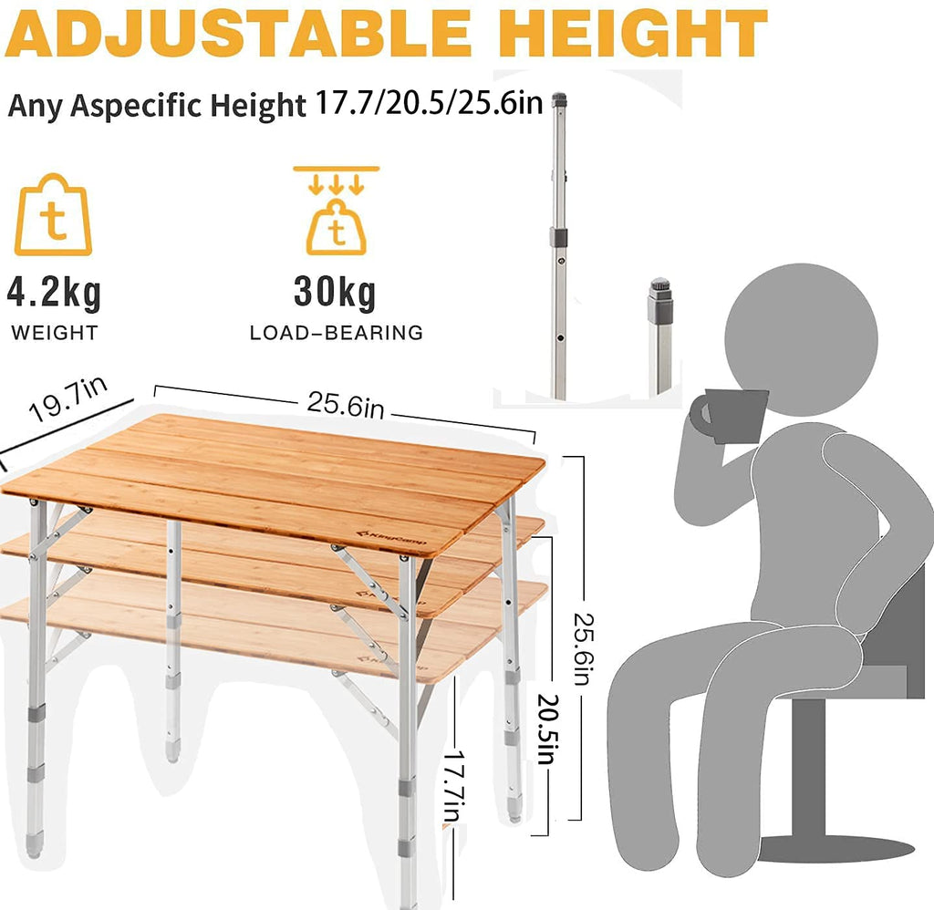 KingCamp Bamboo Folding Adjustable Height Camping Table 39x26