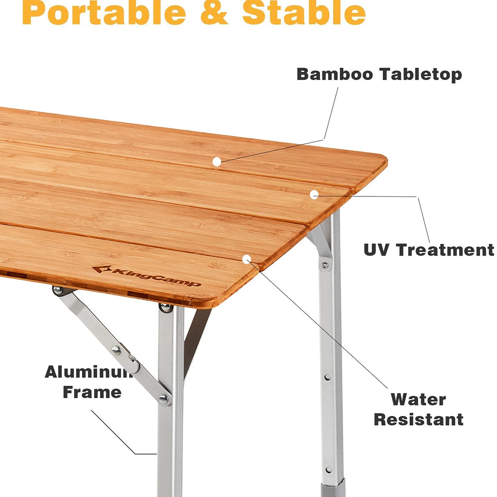 KingCamp Bamboo Folding Adjustable Height Camping Table 39x26