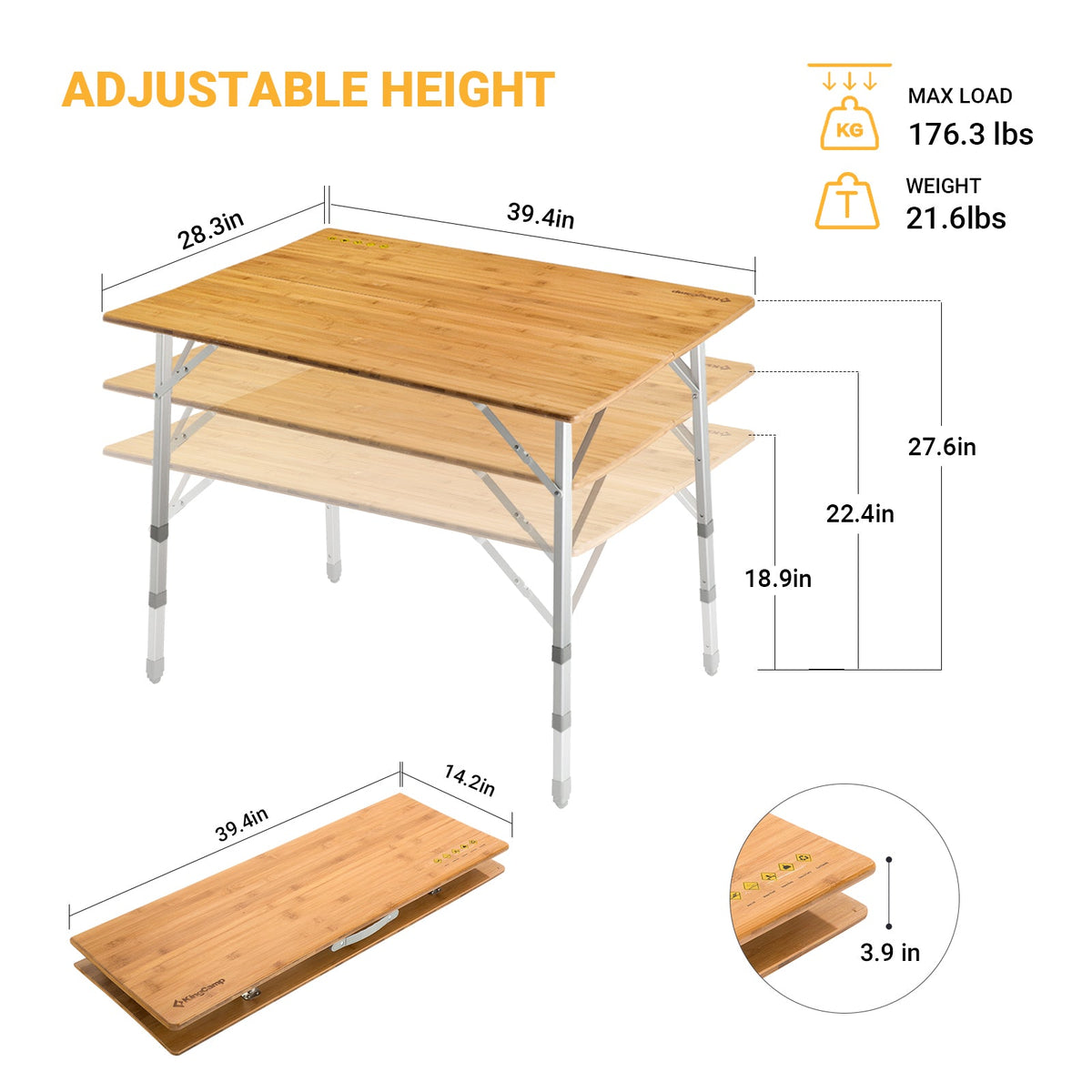 KingCamp 2-Folded 4 People Bamboo Adjustable Camping Table (39x28)