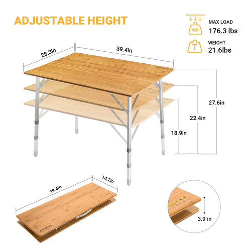 KingCamp 2-Folded 4 People Bamboo Adjustable Camping Table (39x28)