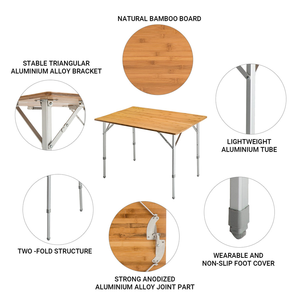 KingCamp 2-Folded 4 People Bamboo Adjustable Camping Table (39x28)