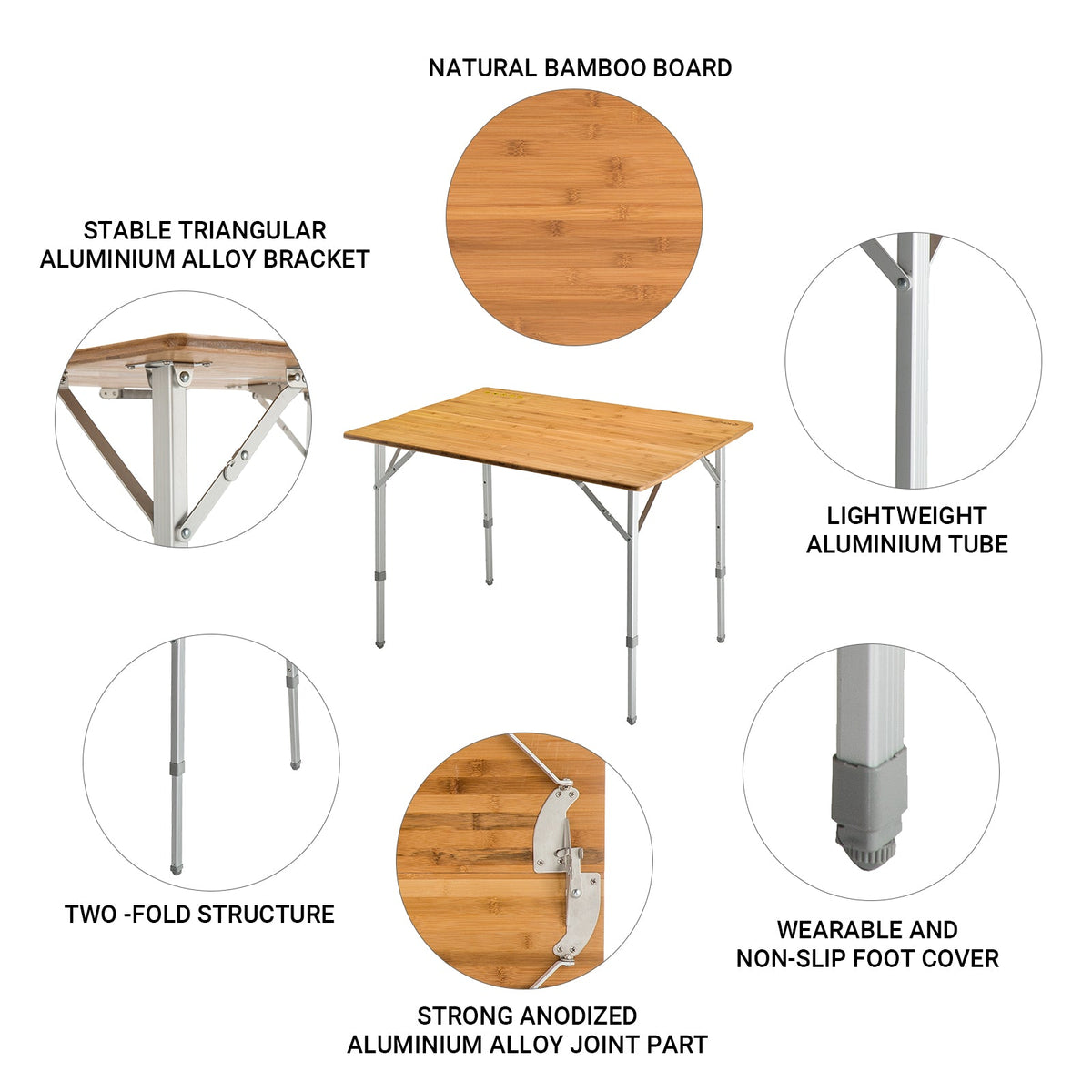 KingCamp 2-Folded 4 People Bamboo Adjustable Camping Table (39x28)