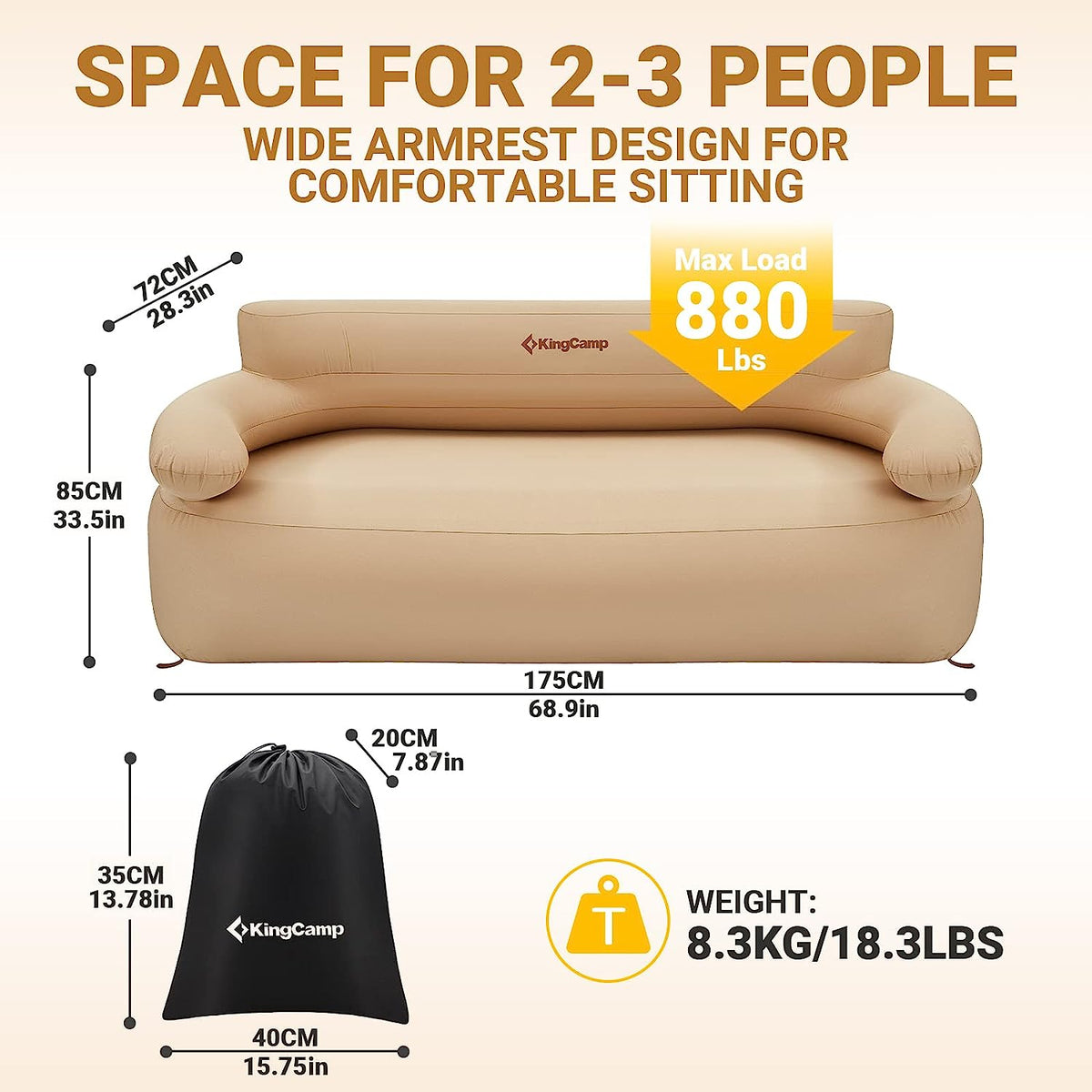 KingCamp 2-Person Oxford Inflatable Sofa with pump & Tent Pegs Set