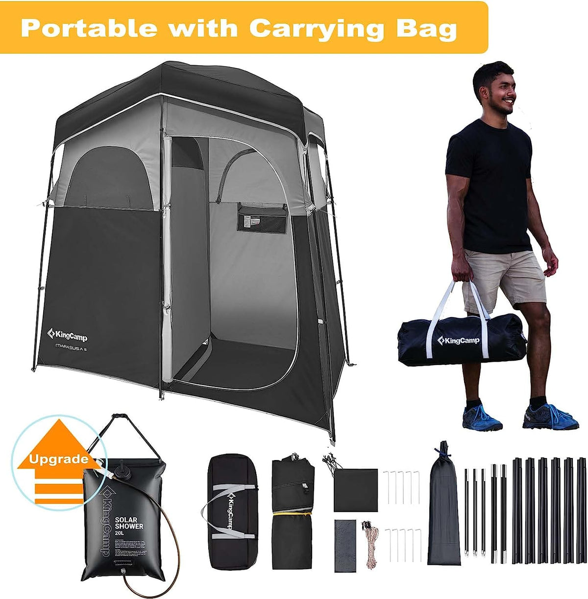 KingCamp Double Room Shower Tent with Solar Shower Set