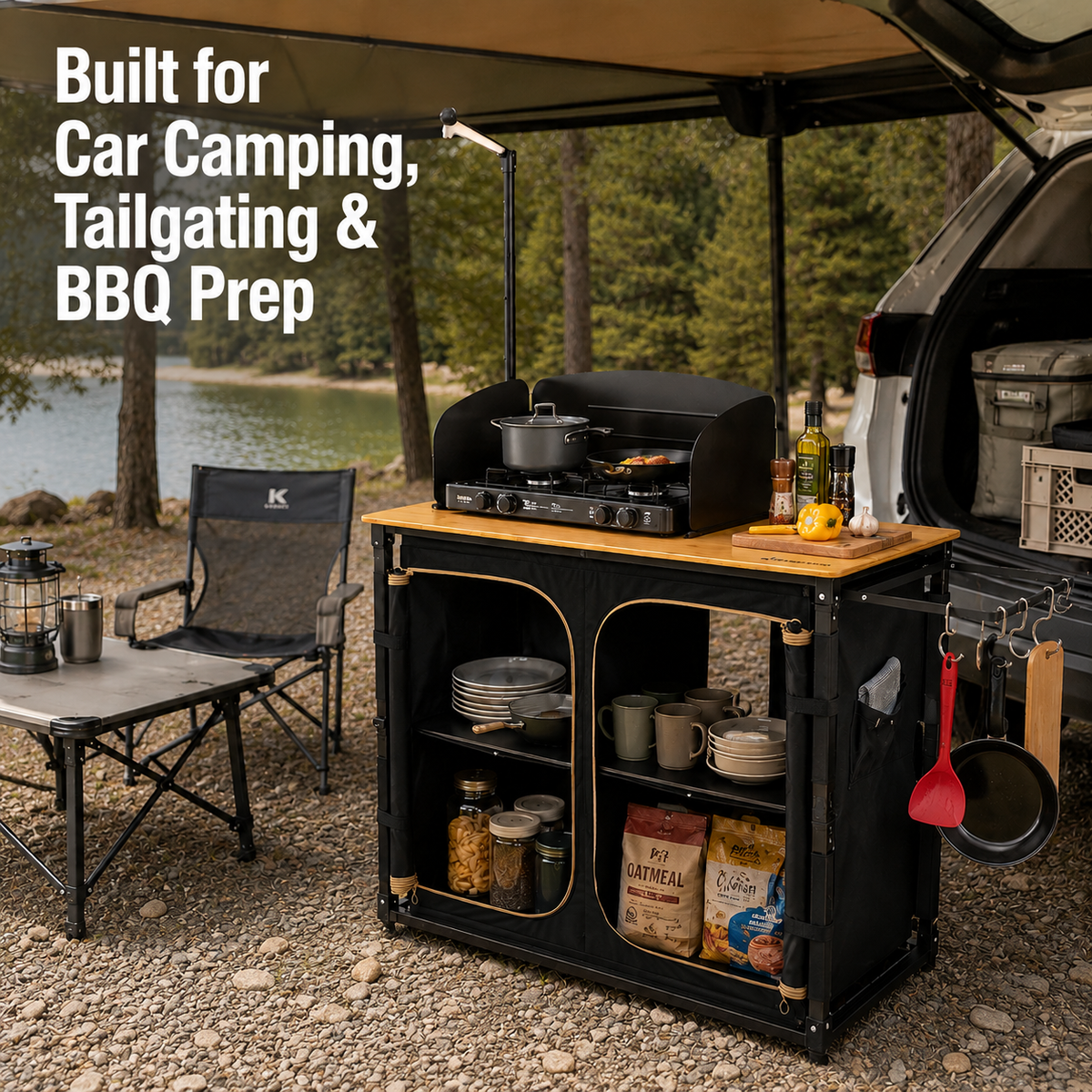 KingCamp Bamboo Camping Kitchen Table with Lantern Stand