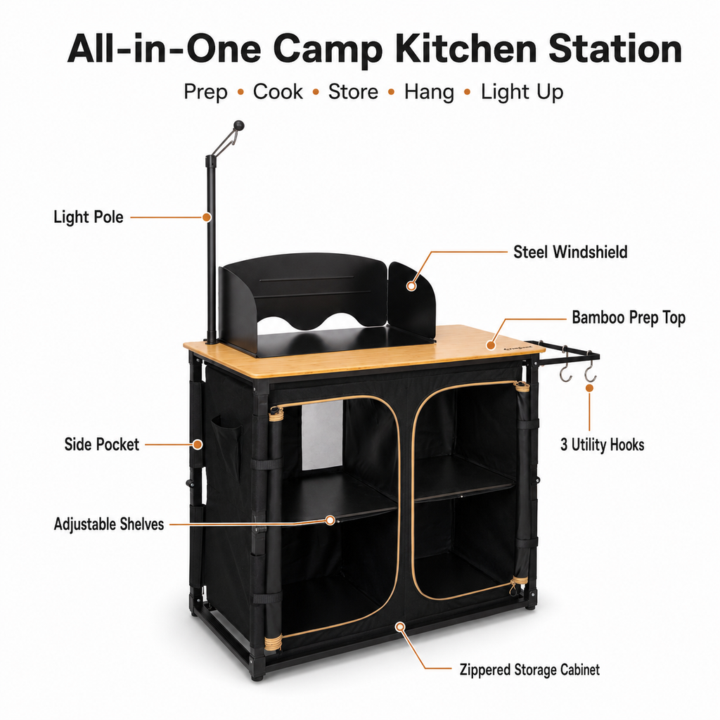 KingCamp Bamboo Camping Kitchen Table with Lantern Stand