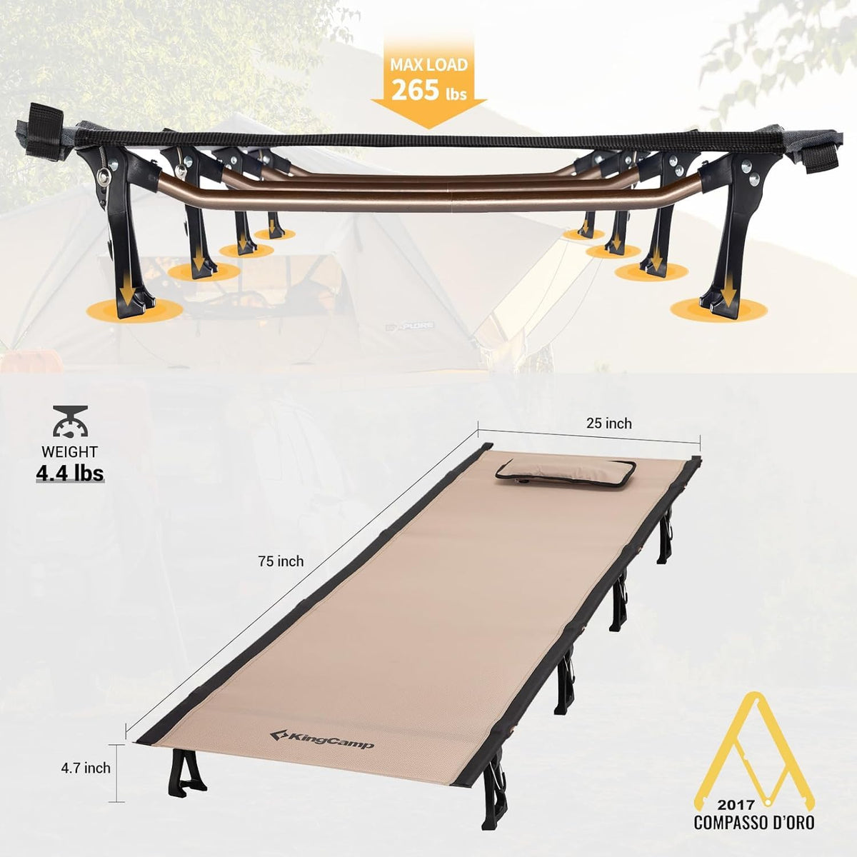Kingcamp Ultralight Folding Camping Cot | ADI Compasso d'Oro Award 2017