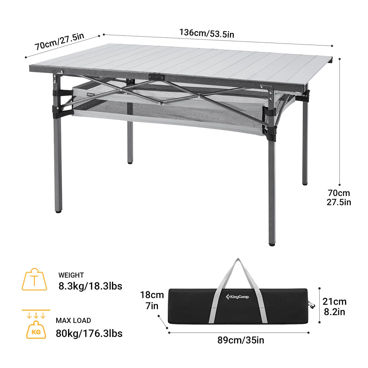 KingCamp Aluminum Roll Up Table with Storage Layer 53x27