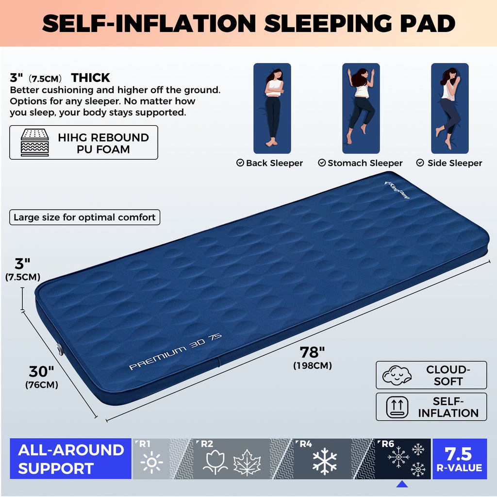 KingCamp PREMIUM 3D 7.5 Self-Inflating Double/Single Sleeping Mattress