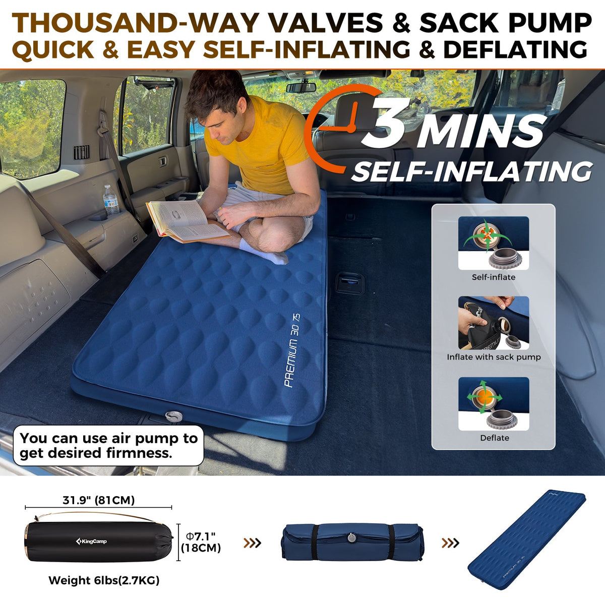KingCamp PREMIUM 3D 7.5 Self-Inflating Double/Single Sleeping Mattress