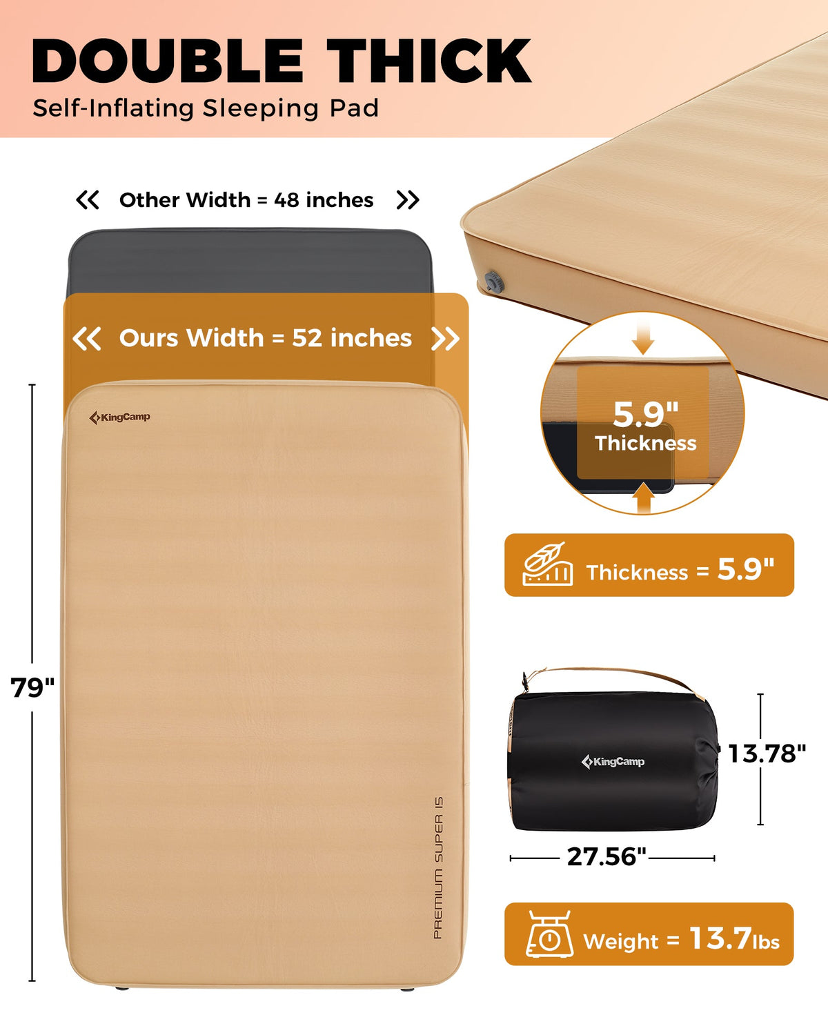 KingCamp PREMIUM SUPER 15 Self-Inflating Camping Sleeping Pad