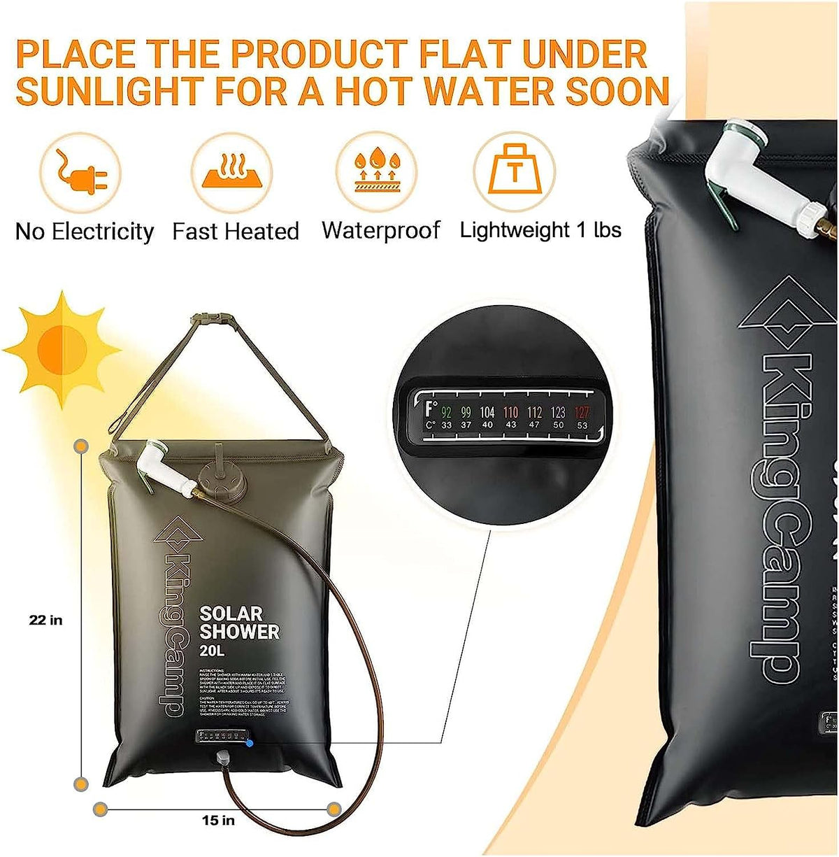 KingCamp Double Room Shower Tent with Solar Shower Set